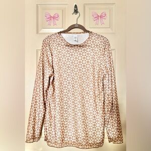 Checkerboard Flower Long Sleeve Brown Boho Top Sheer Fully Lined Shirt Women’s